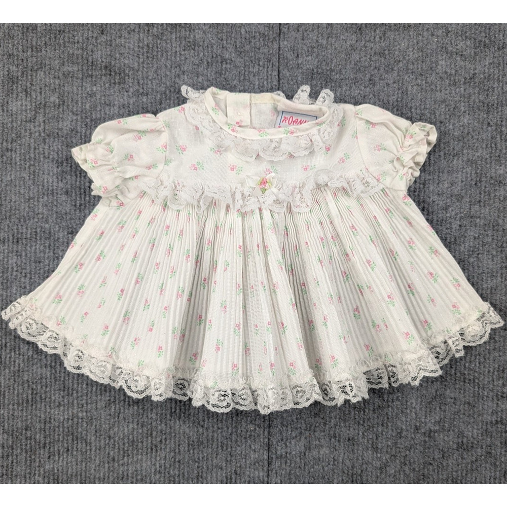Vintage Roanna Dress Baby Girl 0-6M Lace Trim Retro Pleated Rosette Victorian
